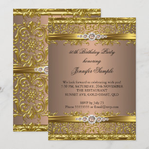 Invitación Elegante Café Marrón Oro Damasco Diamante Cumpleañ