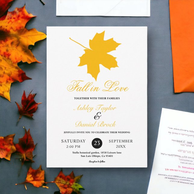 Invitación Elegante caída amarilla deja a un Boda floral rúst (Subido por el creador)