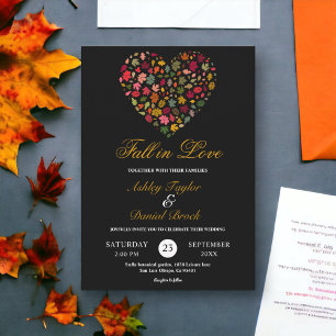 Invitación Elegante caída deja al Boda floral negro del coraz
