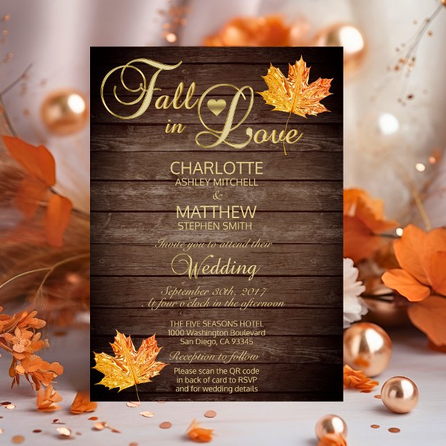 Invitación Elegante caída en amor Boda de madera rústico códi (Elegant FALL in LOVE Rustic Wood Wedding QR Code Invitation)