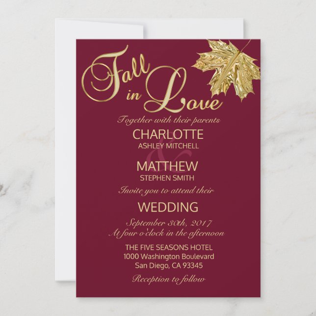 Invitación Elegante caída en amor Borgoña Marsala Boda (Anverso)