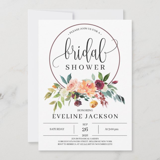 Invitación Elegante Caída marisma Borgoña y flores rubor (Anverso)