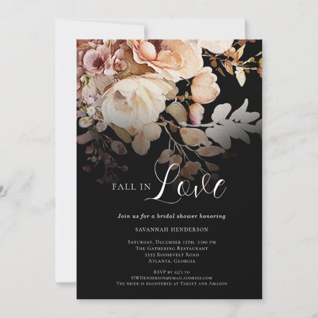 Invitación Elegante Caída Negra Enamorada Floral Bridal Showe (Anverso)