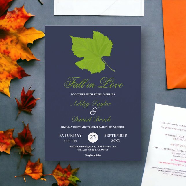 Invitación Elegante caída verde deja Boda floral azul de la m (Subido por el creador)