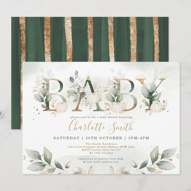 Invitación Elegante calabaza Baby Shower Leafy Greenery Gold (Anverso / Reverso)