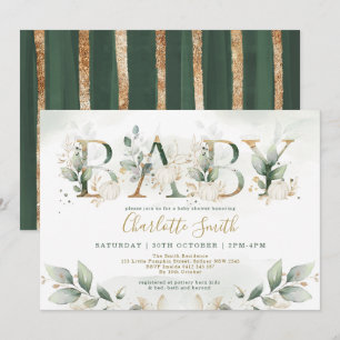 Invitación Elegante calabaza Baby Shower Leafy Greenery Gold