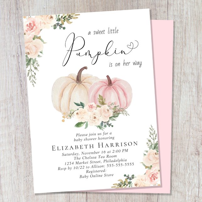 Invitación Elegante Calabaza Beber Floral Rosa (Celebrate the upcoming arrival of your sweet little autumn baby with a pumpkin-themed baby shower)