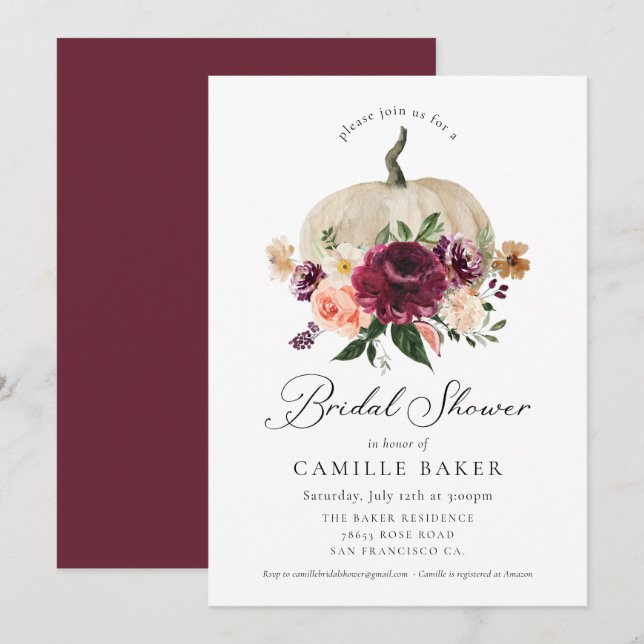 Invitación Elegante Calabaza de Caída Borgoña Floral Ducha de (Anverso / Reverso)