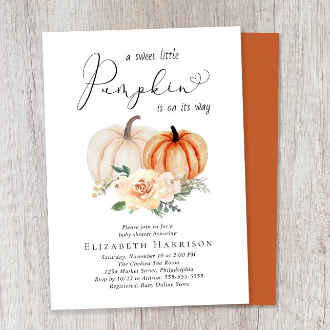 Invitación Elegante calabaza Floral acuarela Baby Shower (Celebrate the upcoming arrival of your sweet little autumn baby with a pumpkin-themed baby shower)