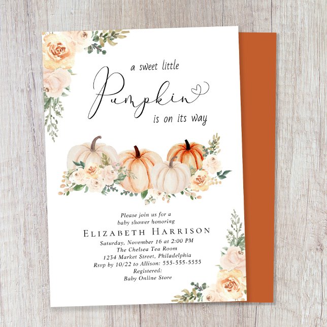 Invitación Elegante calabaza Floral acuarela Baby Shower (Celebrate the upcoming arrival of your sweet little autumn baby with a pumpkin-themed baby shower)