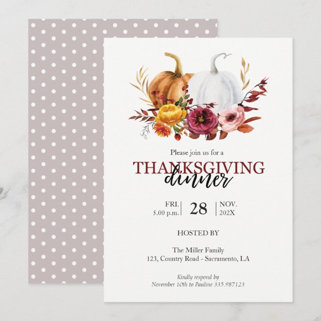 Invitación Elegante calabaza floral de la cena de Acción de G (Anverso / Reverso)