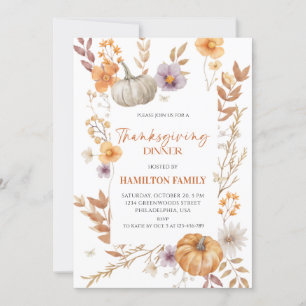 Invitación Elegante Calabaza Floral Día de Acción de Gracias