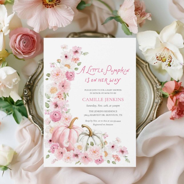 Invitación Elegante calabaza otoñal y Baby Shower floral (Blush Pink Pumpkins and Flowers Baby Shower Invitation)