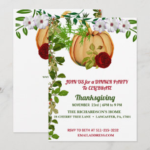 Invitación Elegante Calabaza Rosa Roja Día de Acción de Graci