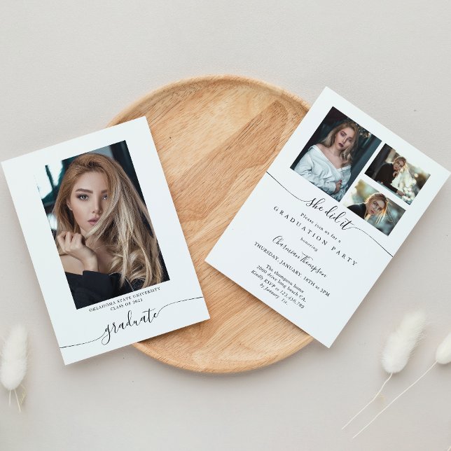 Invitación Elegante caligrafía 4 Foto Ella lo graduó (Subido por el creador)