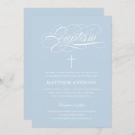 Invitación Elegante caligrafía azul claro bautismo