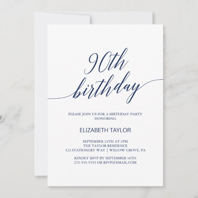 Invitación Elegante caligrafía azul de la Marina 90 cumpleaño (Anverso)