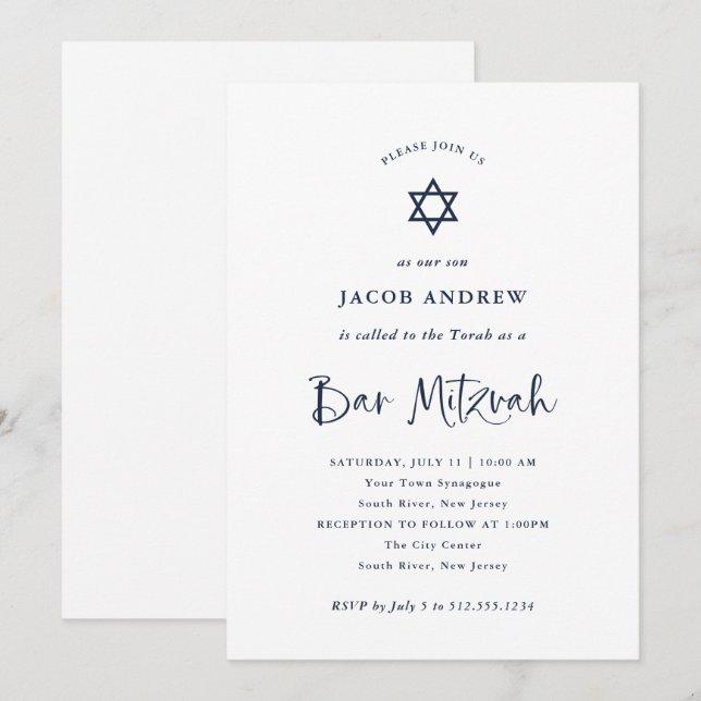 Invitación Elegante caligrafía azul de la Marina | Bar Mitzva (Anverso / Reverso)