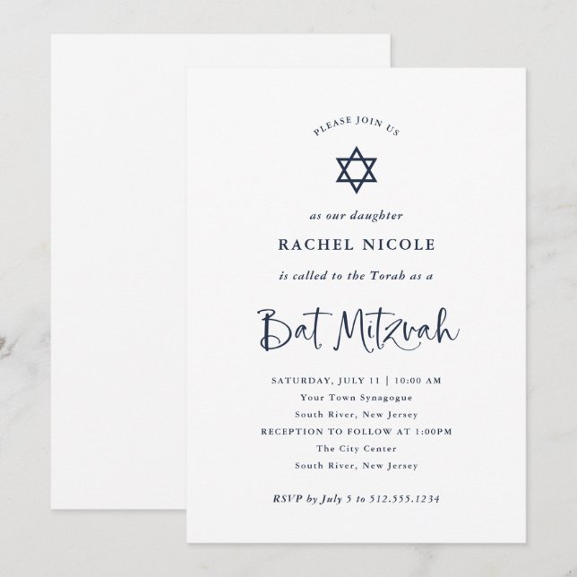 Invitación Elegante caligrafía azul de la Marina | Bat Mitzva (Anverso / Reverso)
