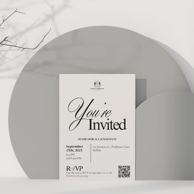 Invitación Elegante caligrafía beige QR Code Evento comercial (Subido por el creador)