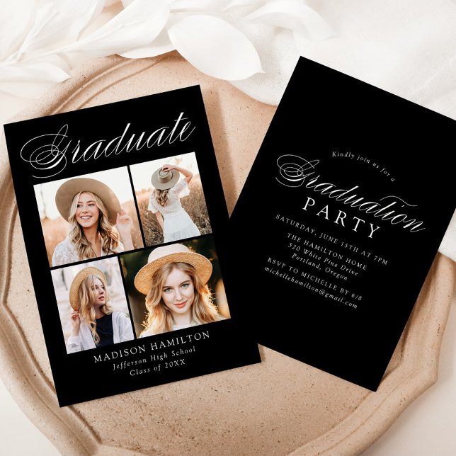 Invitación Elegante caligrafía Black 4 Photo Graduation Party (Subido por el creador)