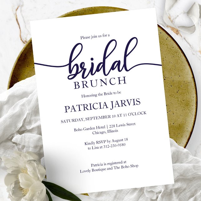 Invitación Elegante caligrafía blanca azul brunch (Subido por el creador)