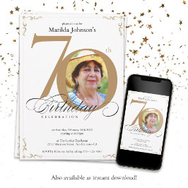Invitación Elegante caligrafía blanca de oro foto 70 cumpleañ