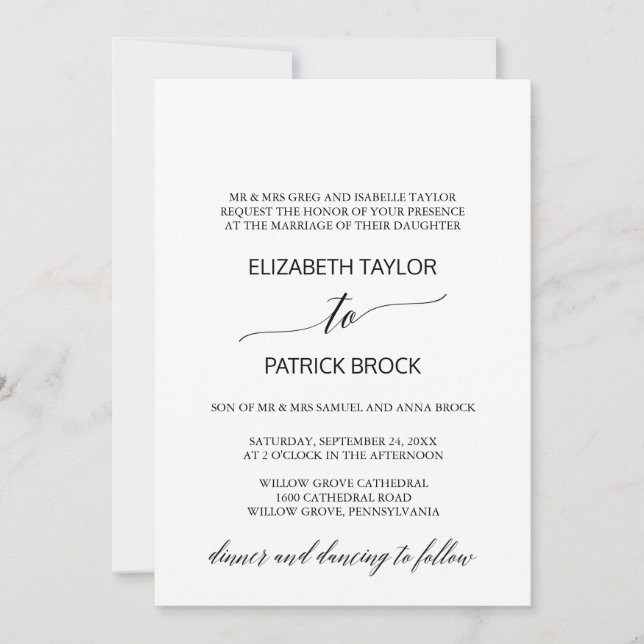 Invitación Elegante caligrafía blanca y negra Boda formal (Anverso)