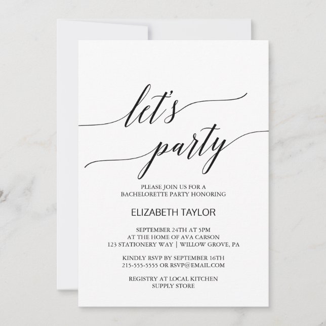 Invitación Elegante caligrafía blanca y negra seamos Fiestas (Anverso)