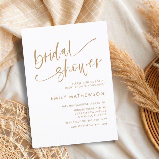 Invitación Elegante Caligrafía Blanca y Oro Ducha Bridal (Subido por el creador)