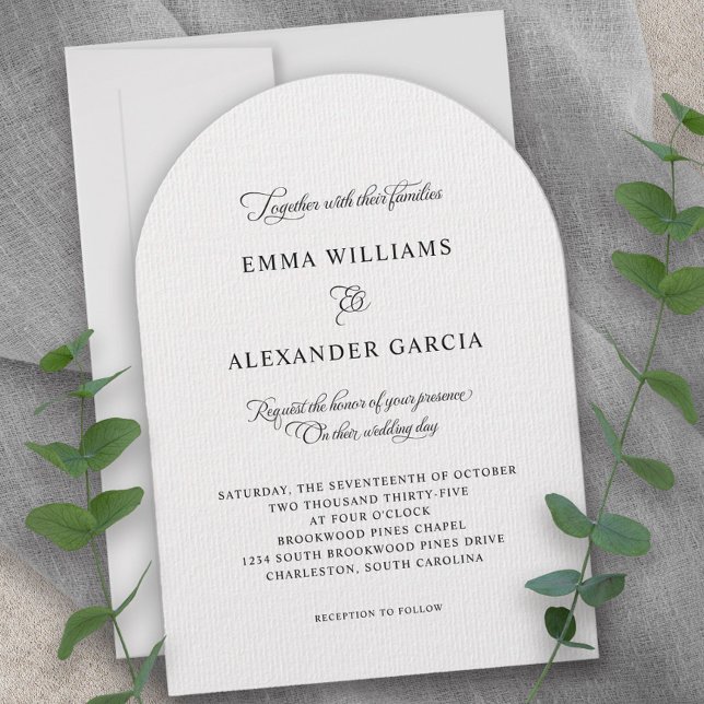 Invitación Elegante caligrafía Boda Arco Blanco Negro (Elegant Calligraphy Wedding Black White Arch Invitation)