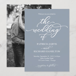 Invitación Elegante Caligrafía Boda Azul Polvoriento