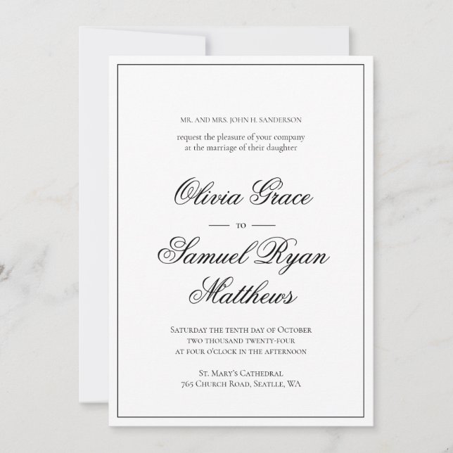 Invitación Elegante caligrafía Boda blanco de borde clásico (Anverso)