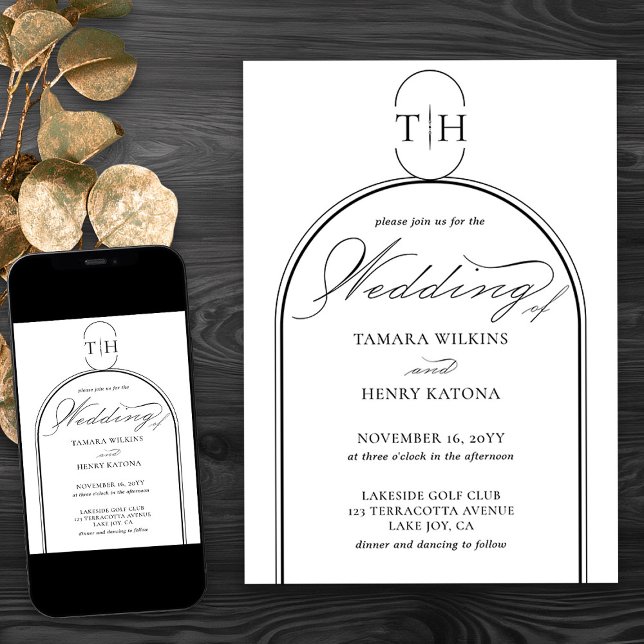 Invitación Elegante caligrafía Boda blanco monogramado (Elegant monogrammed wedding invitation in black and white from my Wedding Colors Collection)