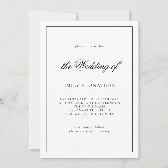 Invitación Elegante caligrafía Boda blanco negro (Anverso)