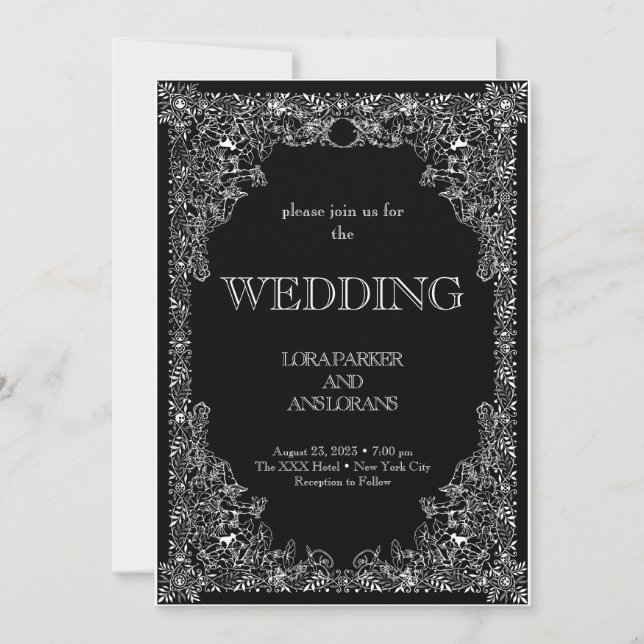 Invitación Elegante caligrafía Boda blanco y negro (Anverso)