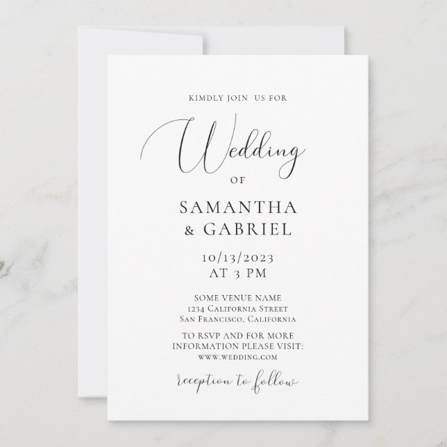 Invitación Elegante caligrafía boda blanco y negro (Anverso)