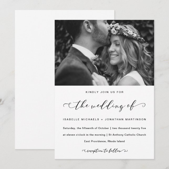 Invitación Elegante caligrafía Boda blanco y negro (Anverso / Reverso)