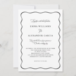 Invitación Elegante Caligrafía Boda Borde Negro Ondulado
