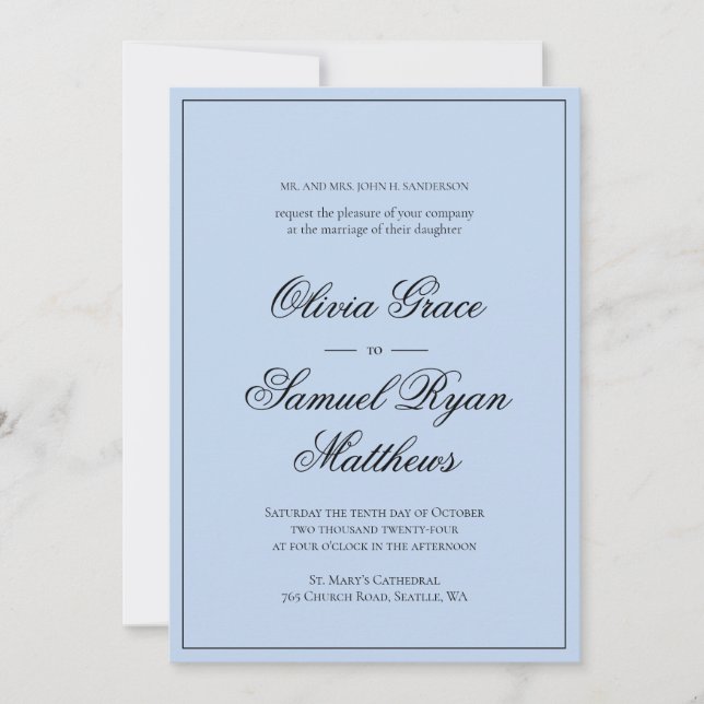 Invitación Elegante caligrafía Boda clásico de borde azul (Anverso)