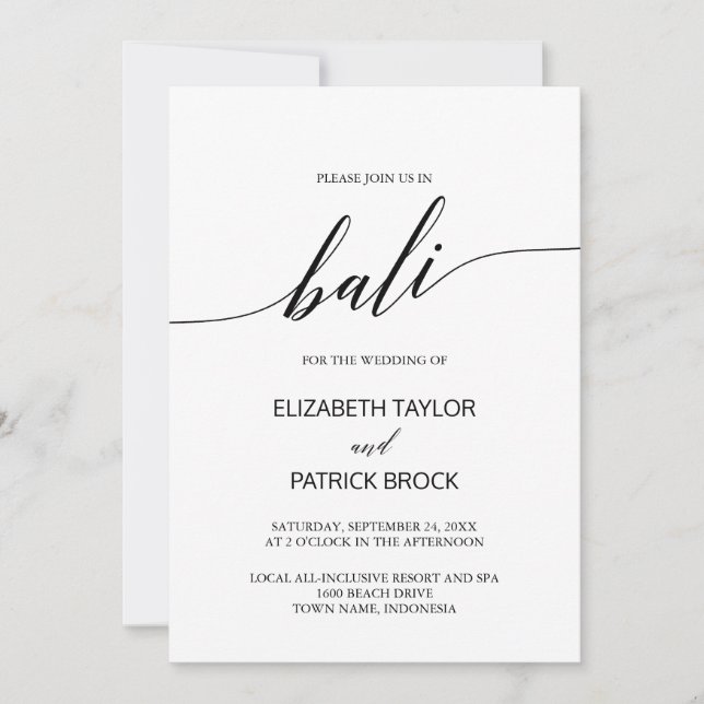 Invitación Elegante caligrafía Boda de destino de Bali (Anverso)