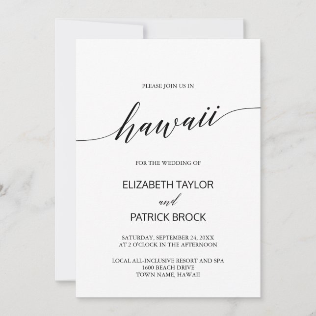 Invitación Elegante caligrafía Boda de destino Hawái (Anverso)