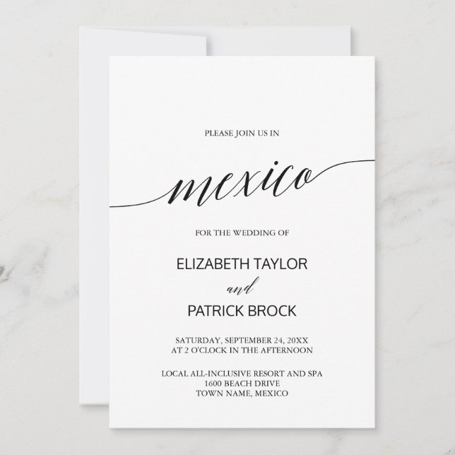 Invitación Elegante caligrafía Boda de destino México (Anverso)