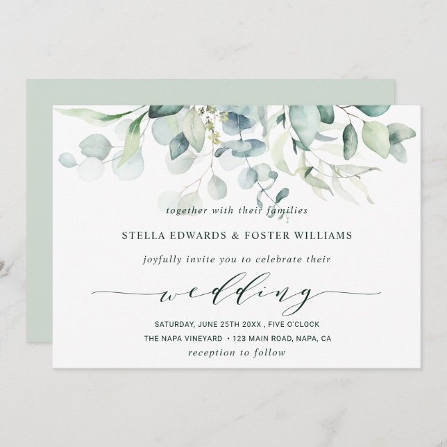 Invitación Elegante caligrafía Boda de follaje verde (Anverso / Reverso)