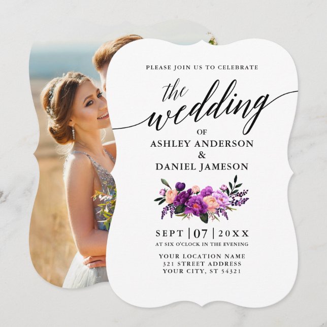 Invitación Elegante caligrafía Boda de fotografía morado flor (Anverso / Reverso)