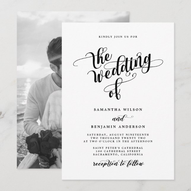 Invitación Elegante Caligrafía Boda de fotografías en blanco  (Anverso / Reverso)