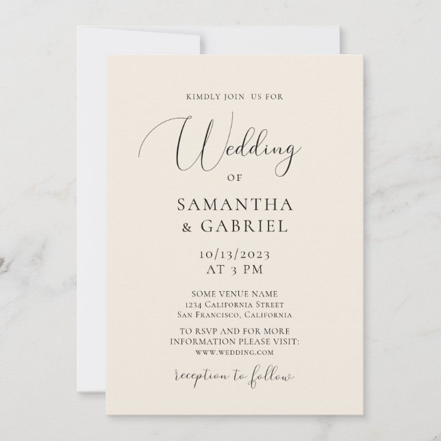 Invitación Elegante caligrafía boda de marfil minimalista (Anverso)