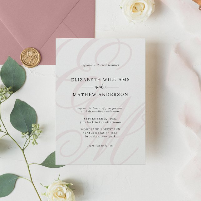 Invitación Elegante caligrafía Boda de monograma rosado con p (Subido por el creador)