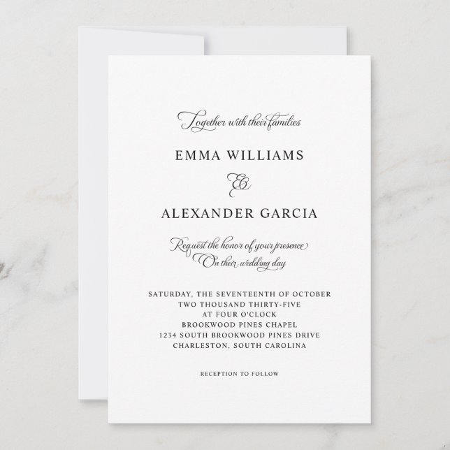 Invitación Elegante caligrafía Boda detalles negro y blanco (Anverso)