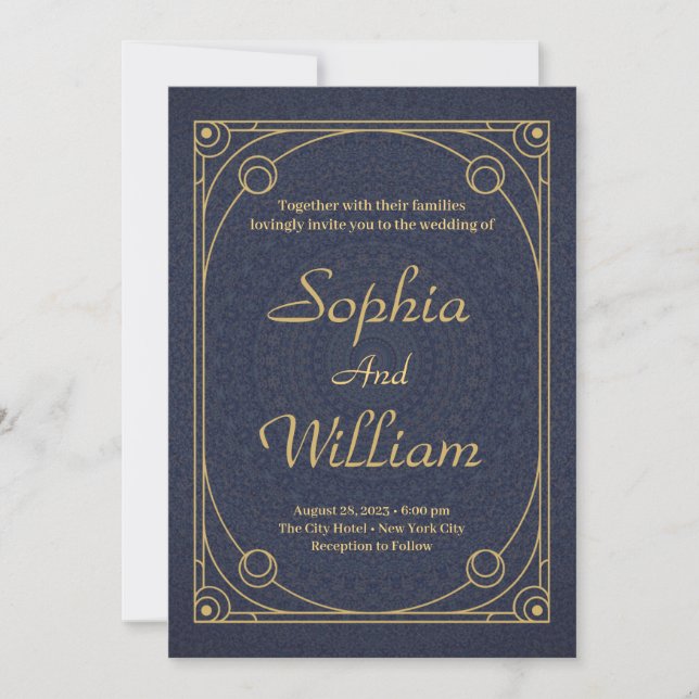 Invitación Elegante caligrafía Boda dorado y azul marino (Anverso)